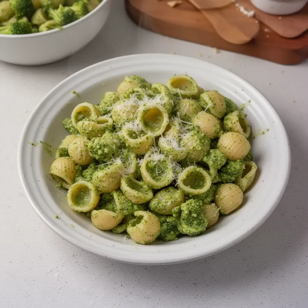 Bowl of easy healthy broccoli pasta with a sprinkle of parmesan cheese