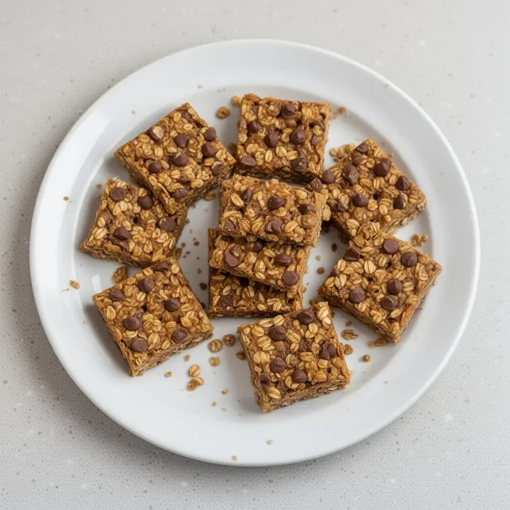 Homemade easy healthy oatmeal bars stacked on a wooden board