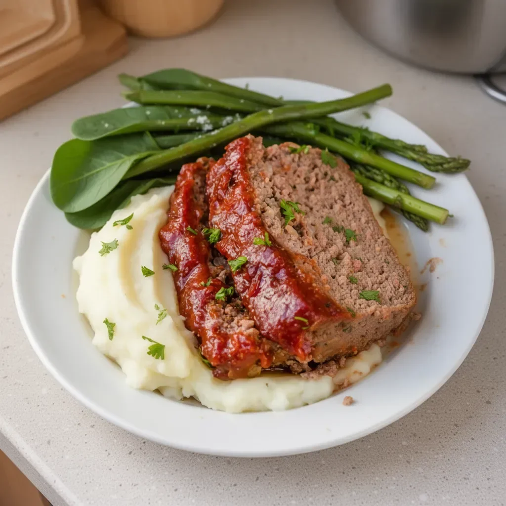 Delicious easy meatloaf served on a plate with green vegetables
