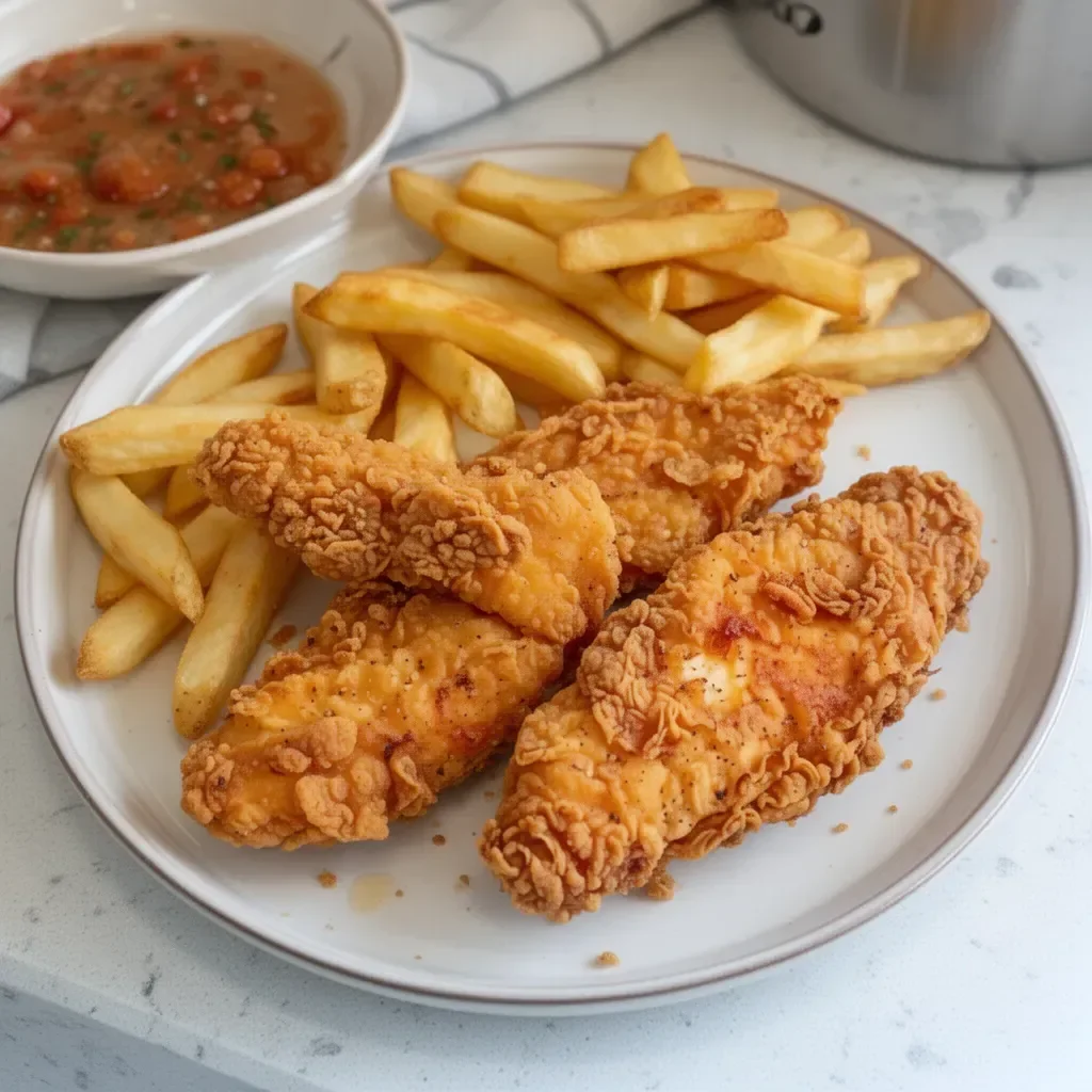 Plate of extra crispy fried chicken tenders garnished with herbs