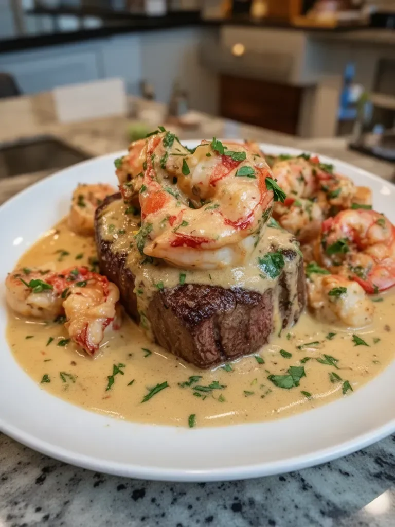 Filet Mignon with Shrimp and Lobster Cream Sauce delights!