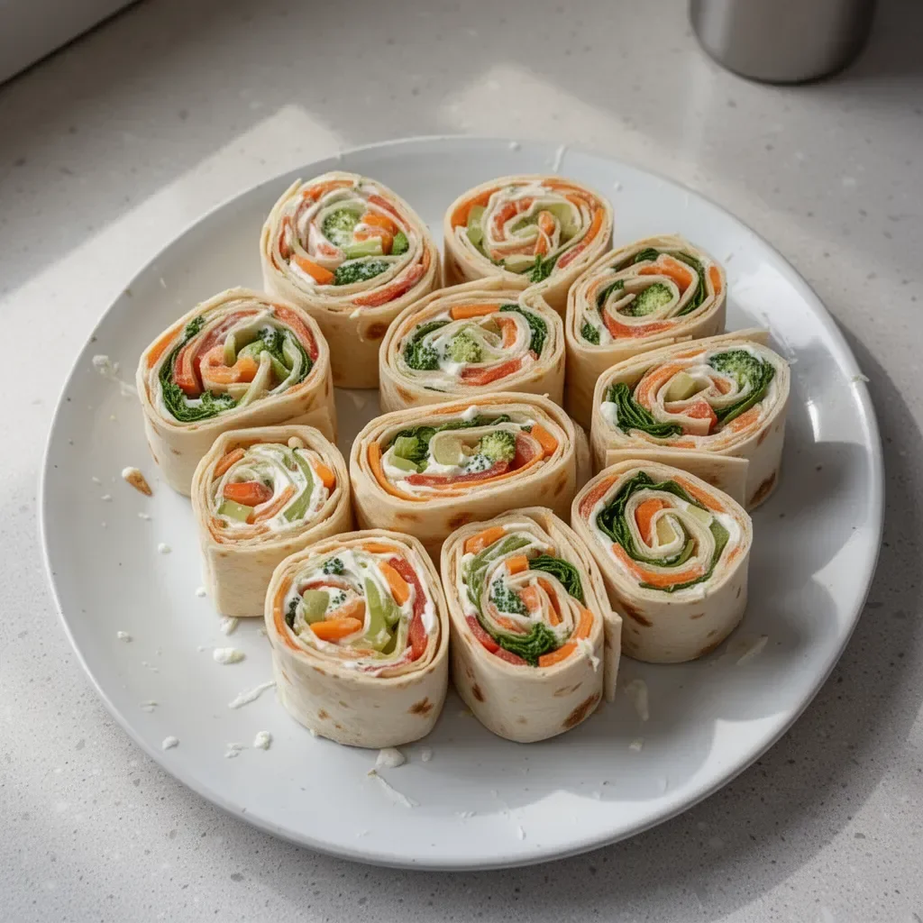 Colorful fresh vegetable tortilla roll ups with a variety of veggies