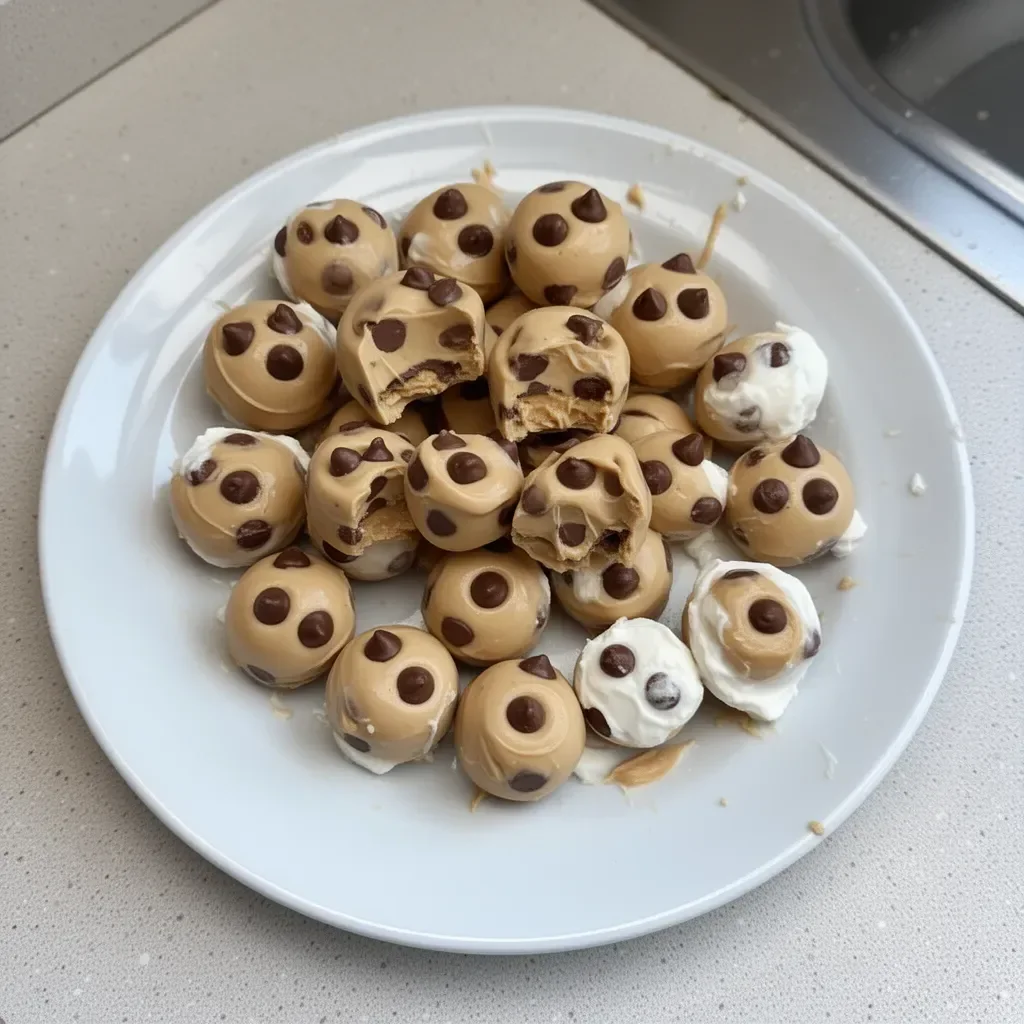 Frozen Greek yogurt peanut butter bites on a plate, a healthy dessert option.