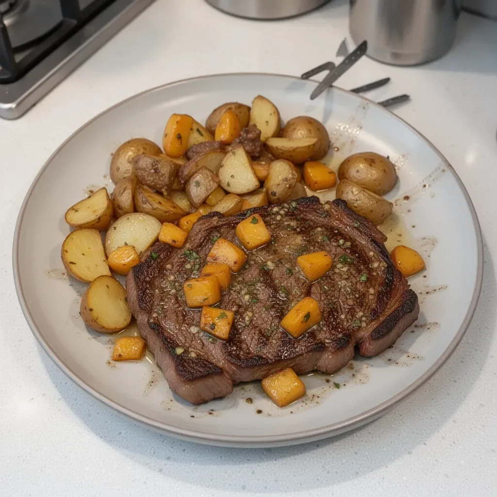 Garlic Butter Steak cooked with herbs and served with roasted potatoes