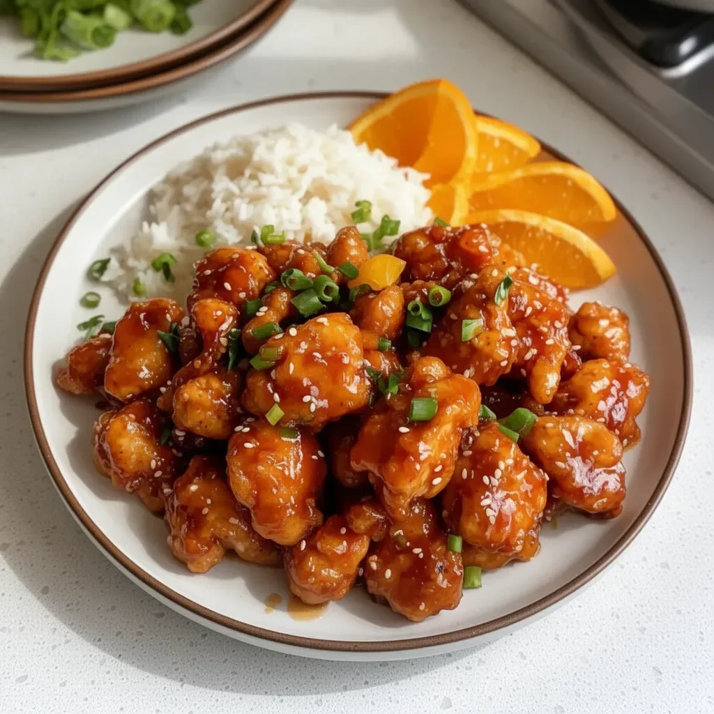 Delicious gluten-free orange chicken served with rice and veggies