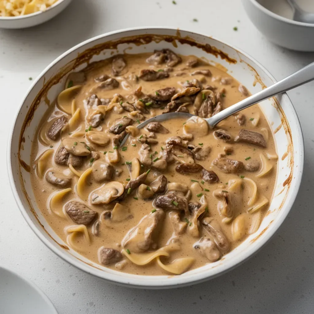 Gordon Ramsay's delicious Beef Stroganoff served with noodles and garnished with parsley.