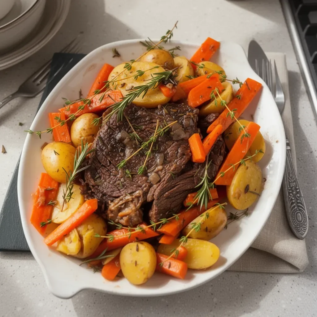 Gordon Ramsay's delicious pot roast slow cooker recipe with tender meat and vegetables.