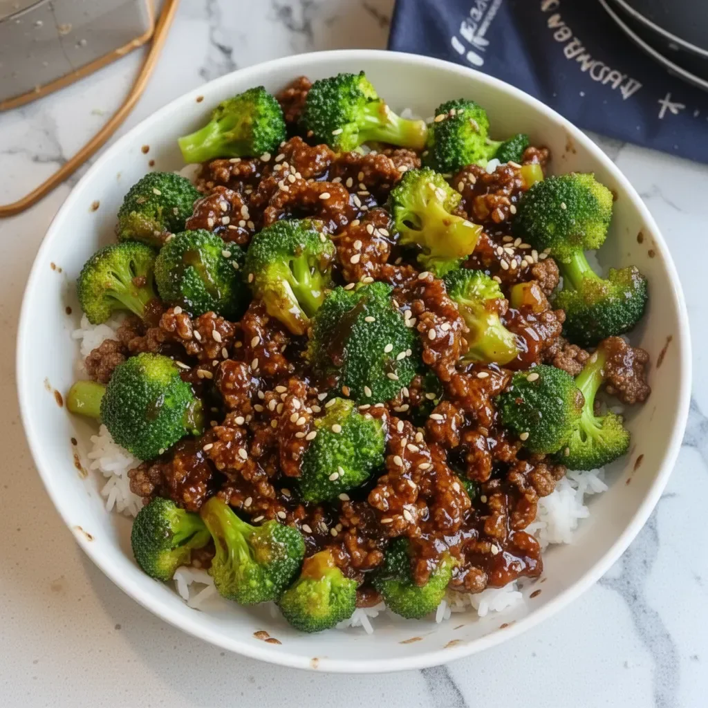 Plate of ground beef and broccoli stir-fry served with rice