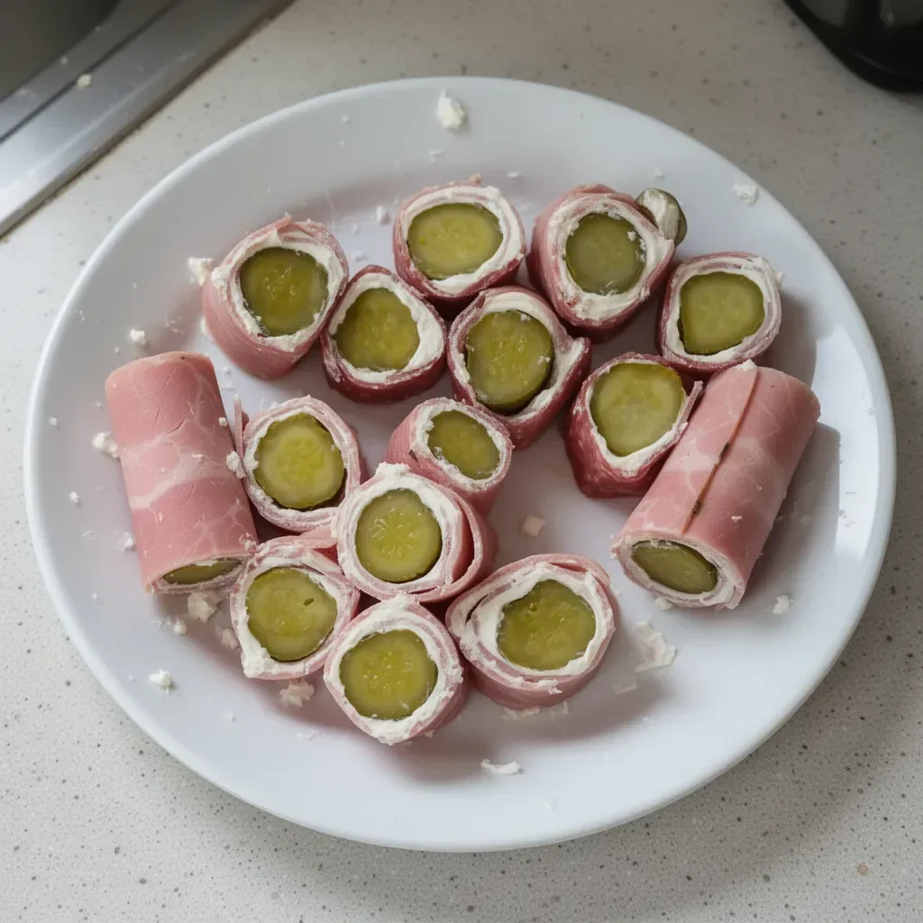Ham and pickle roll-ups with cream cheese served on a platter.