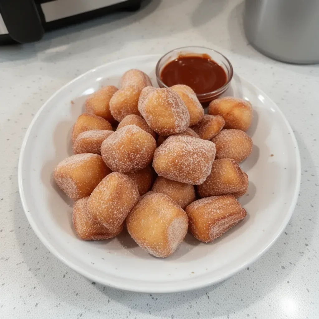 Delicious healthy air fryer churro bites coated in cinnamon sugar