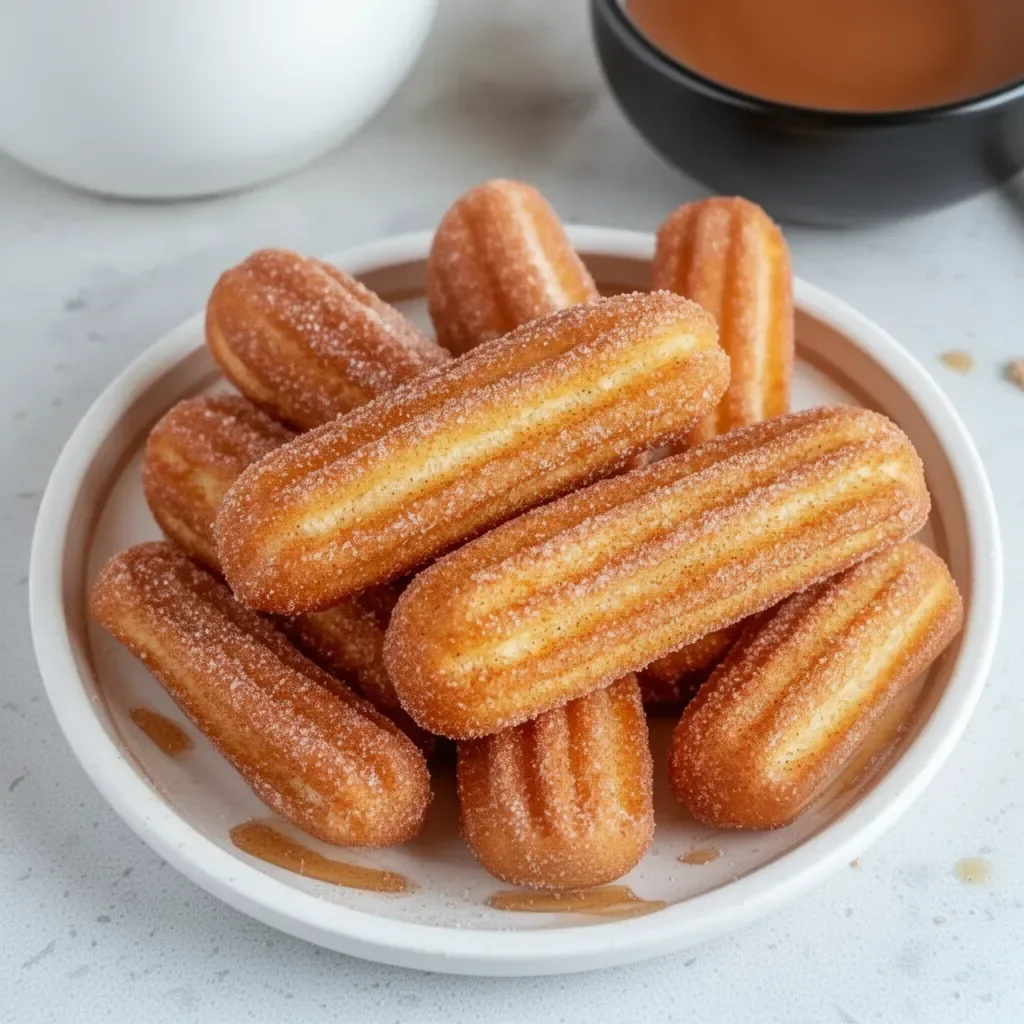Healthy baked churro bites served on a plate with cinnamon and sugar.