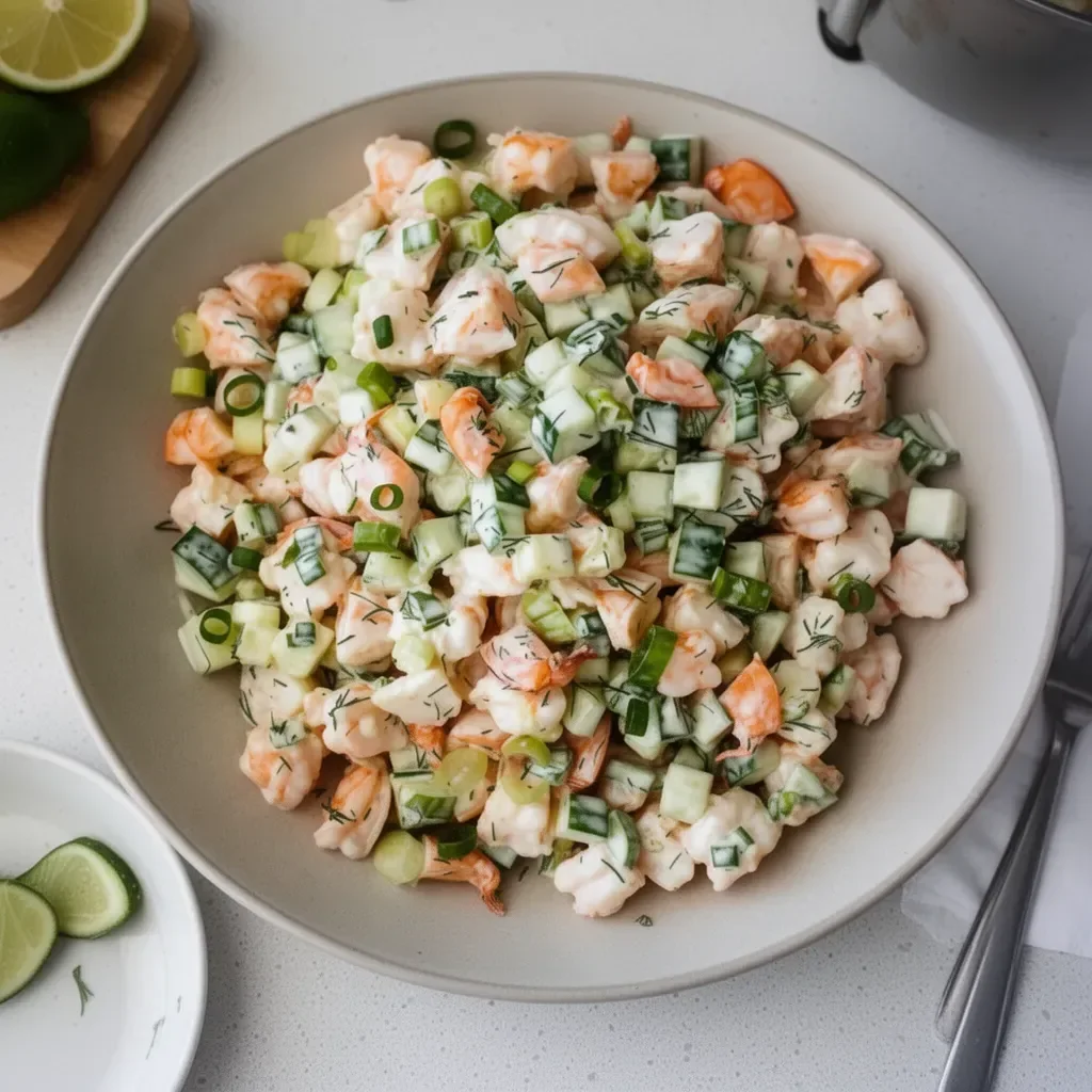 Healthy cucumber shrimp salad with fresh vegetables and flavorful dressing
