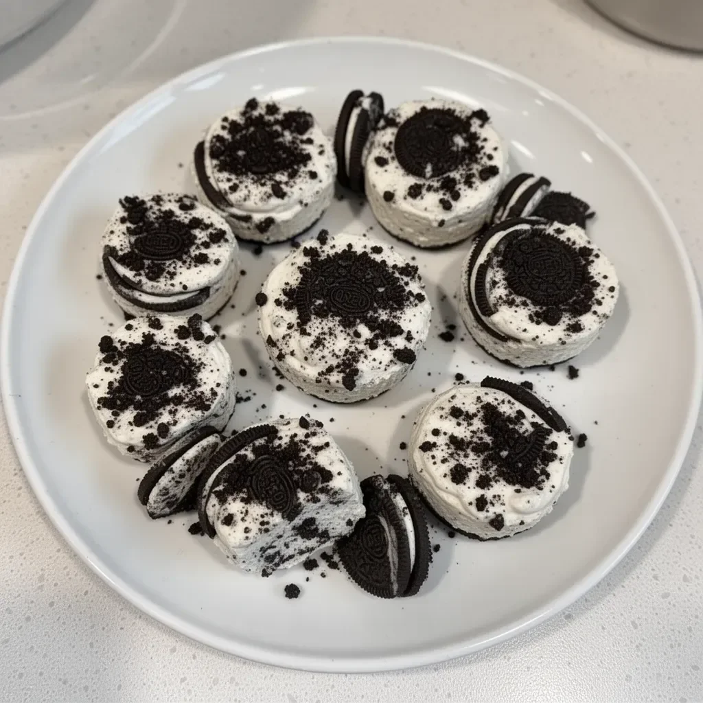 Healthy no-bake Oreo cheesecake bites ready to serve on a plate.