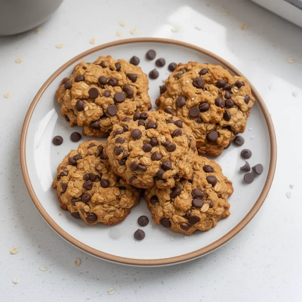 Healthy peanut butter oatmeal chocolate chip cookies on a plate