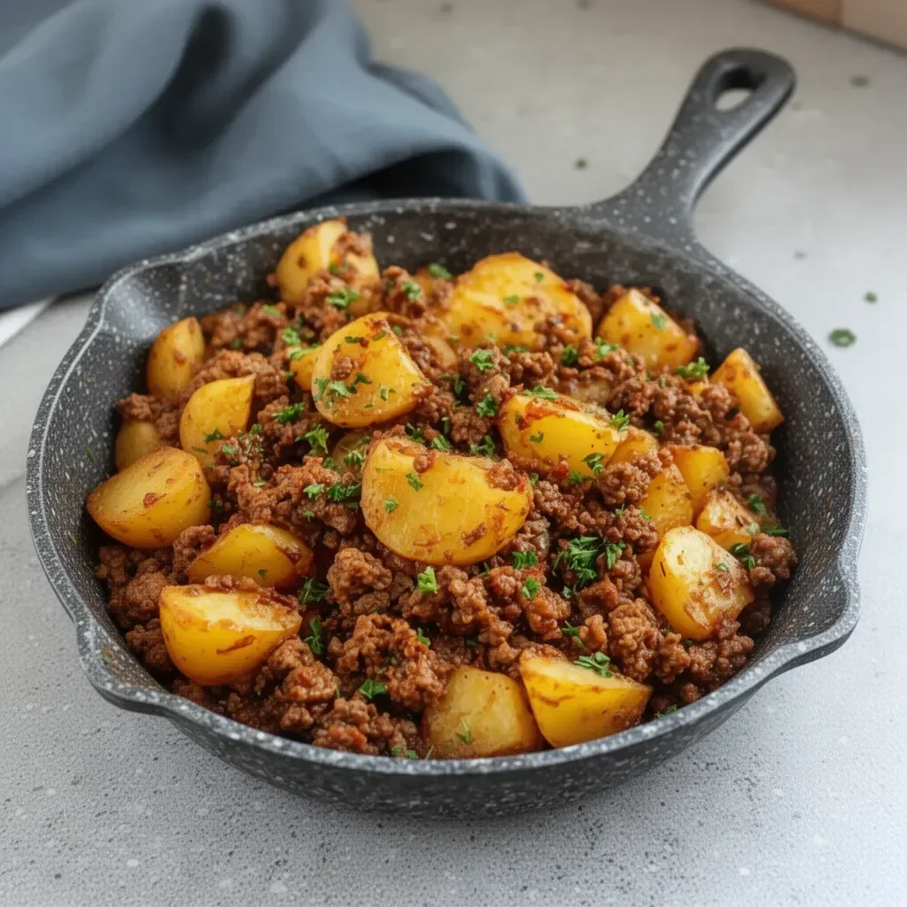 Hearty dish of ground beef and potatoes served in a bowl