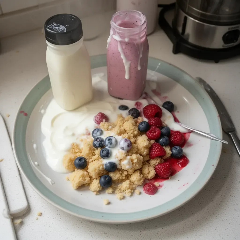 A glass of homemade drinkable yogurt with fresh fruits and colorful toppings