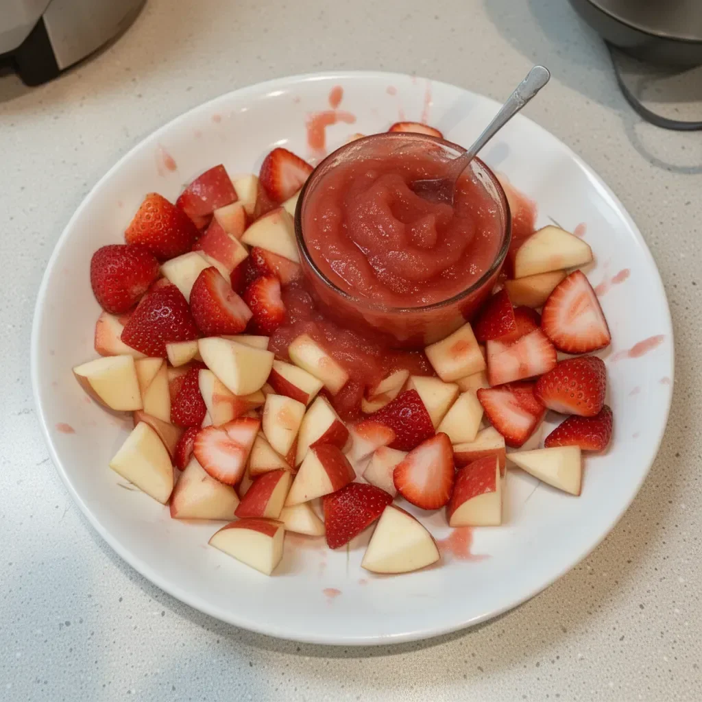 Bowl of homemade strawberry applesauce made with fresh strawberries