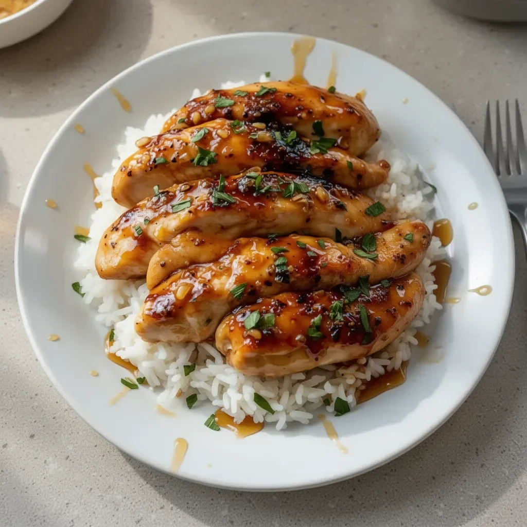 Honey garlic chicken breasts served with vegetables