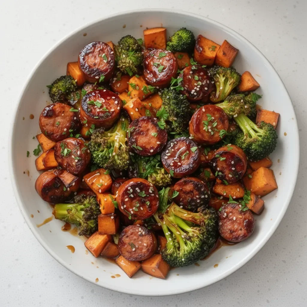 Honey garlic sausage with sweet potatoes on a sheet pan dinner