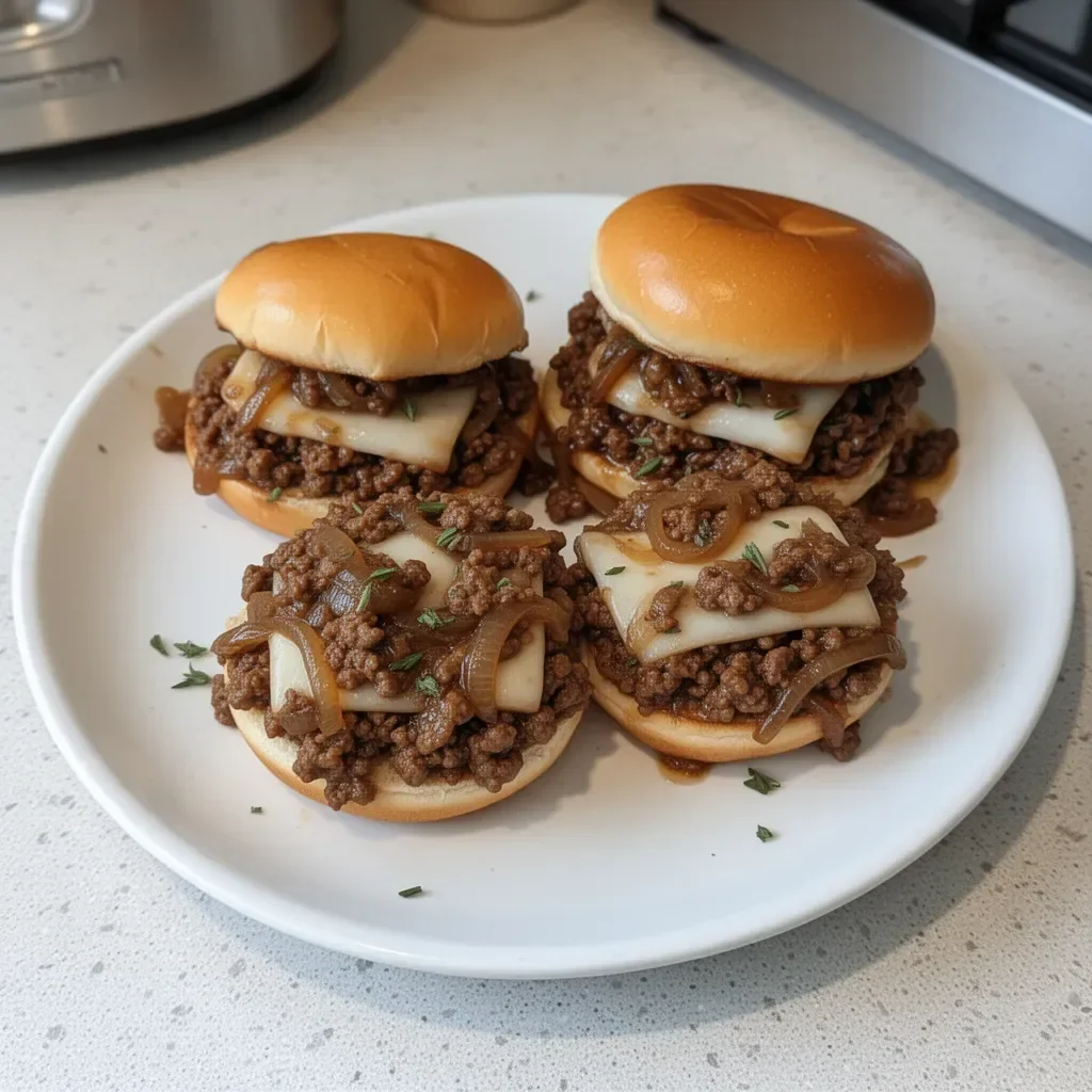 Delicious French Onion Beef Sloppy Joes served on a plate with toppings