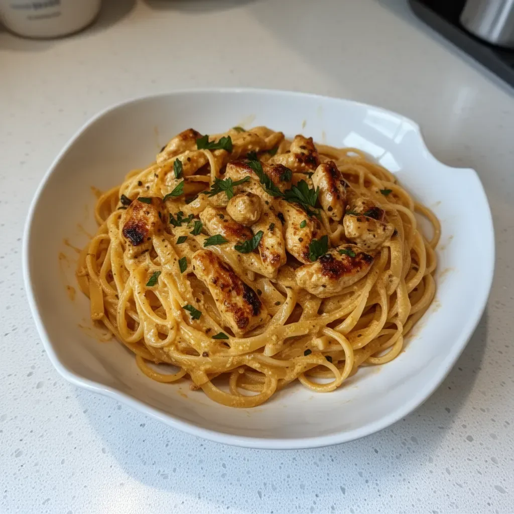 Delicious Cowboy Butter Chicken Linguine garnished with herbs and spices
