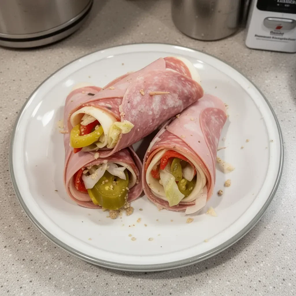 Grain-free Italian Sub Roll-Up with fresh ingredients wrapped perfectly.