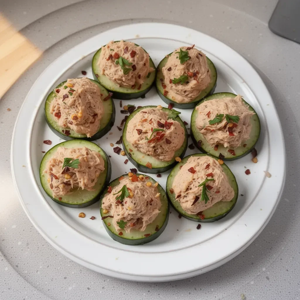 Keto Cucumber Bites topped with Tuna, a healthy low-carb recipe.