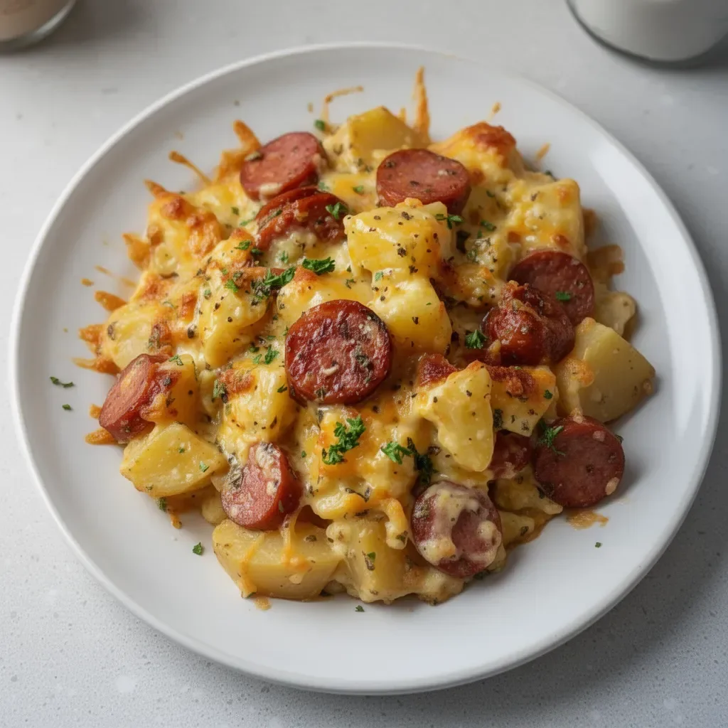 Kielbasa sausage cheesy potato casserole in a baking dish, fresh and delicious.