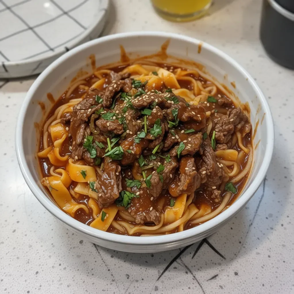 Delicious bowl of Korean beef noodles topped with fresh vegetables
