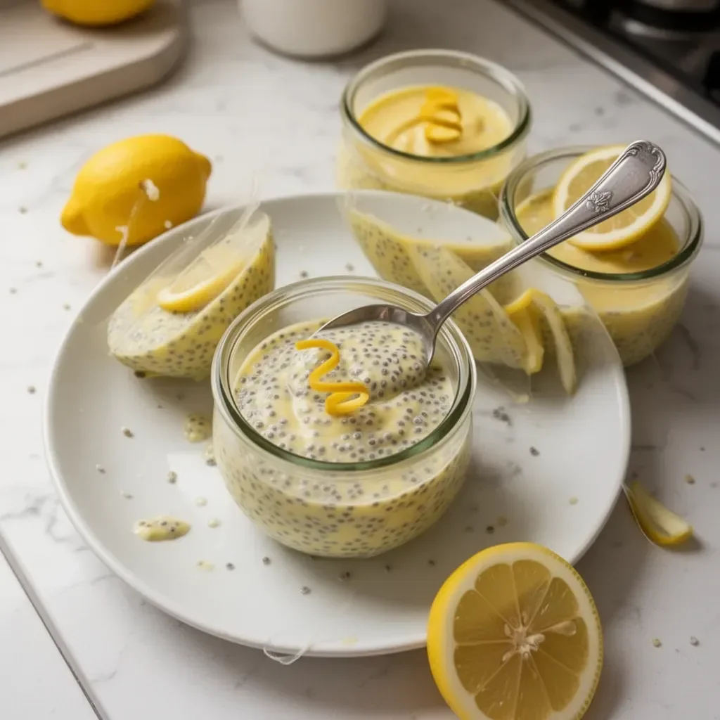 Delicious Lemon Chia Pudding served in a glass with fresh lemons