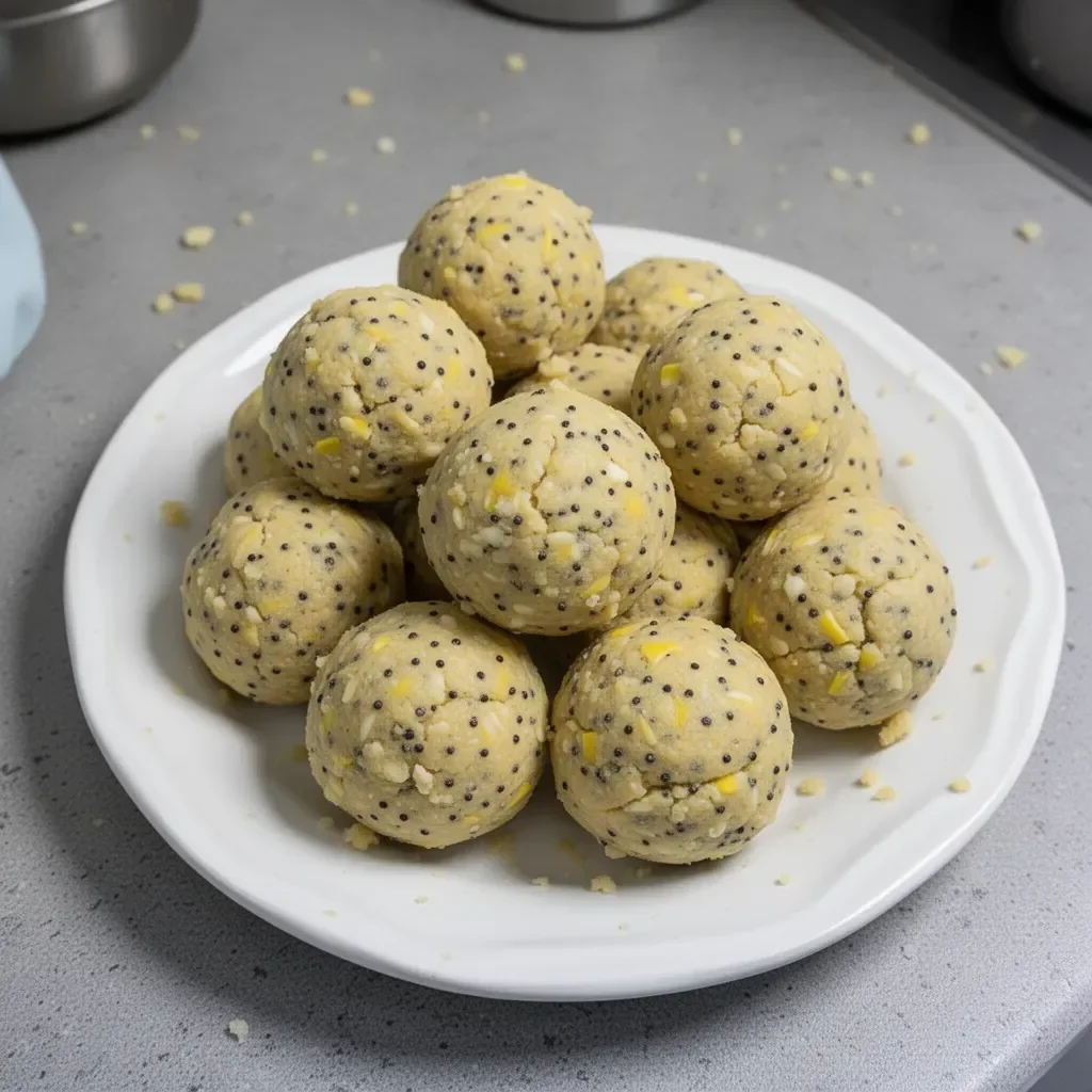 Lemon poppyseed protein balls stacked on a wooden table