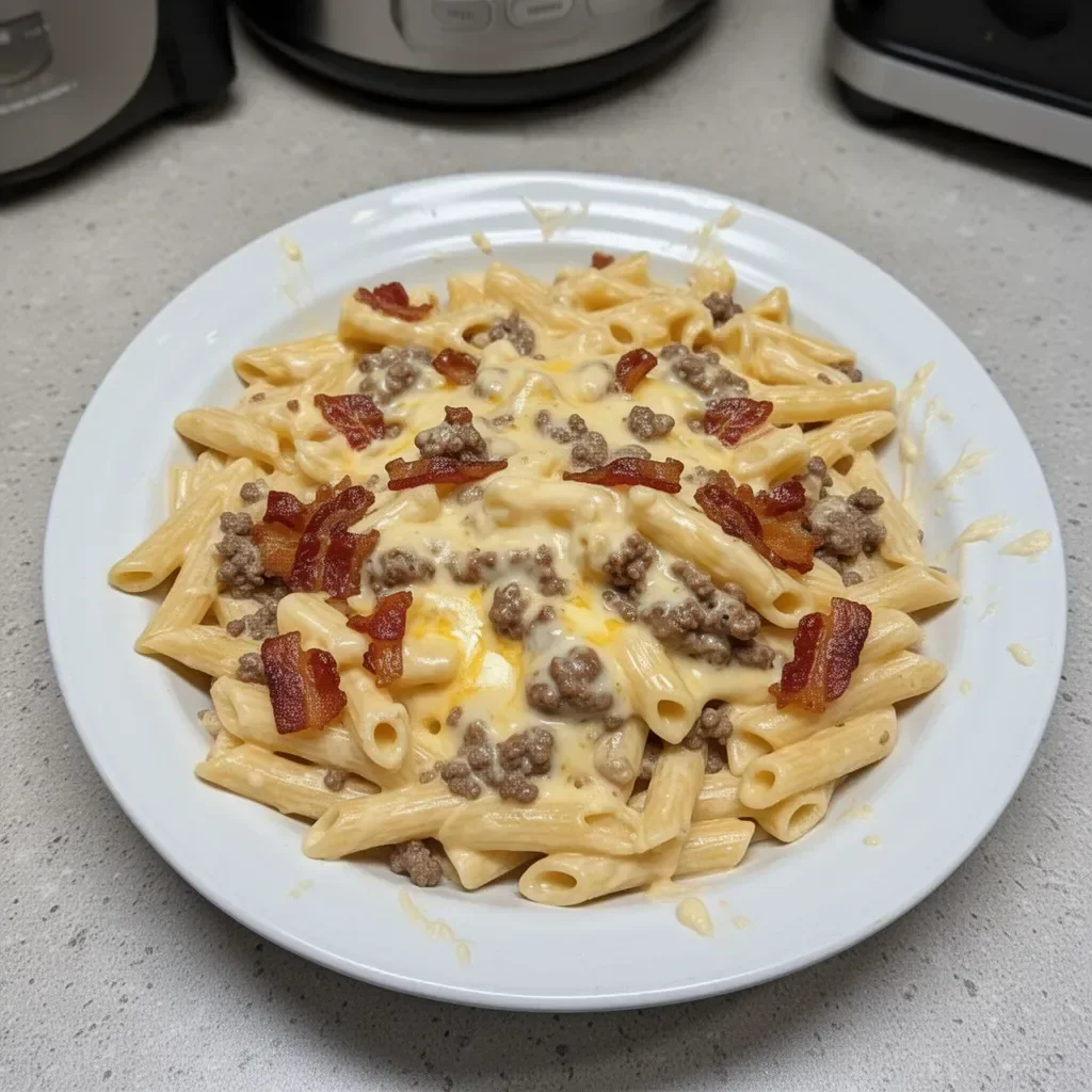 Loaded Bacon Cheeseburger Alfredo Pasta served in a bowl with toppings