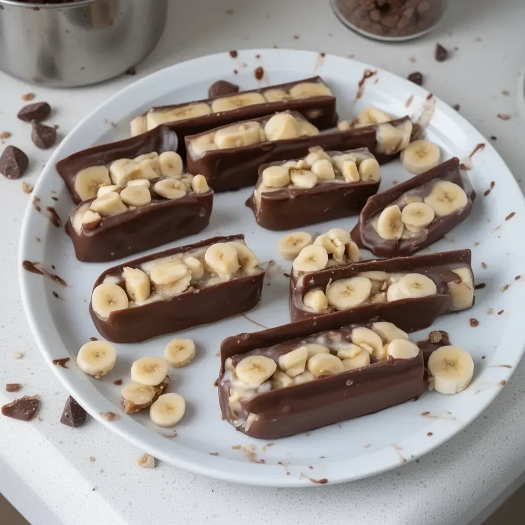 Low calorie frozen banana Snickers dessert topped with chocolate and peanuts