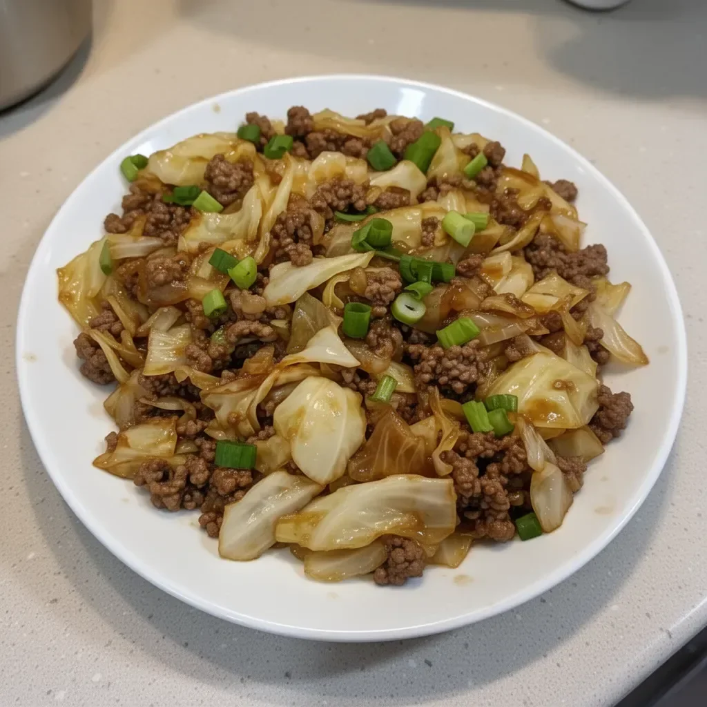 Low-carb beef and cabbage stir-fry dish served in a bowl