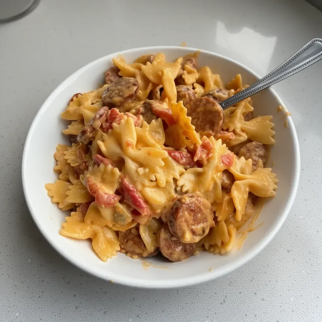 One pot creamy Cajun sausage pasta dish with colorful ingredients
