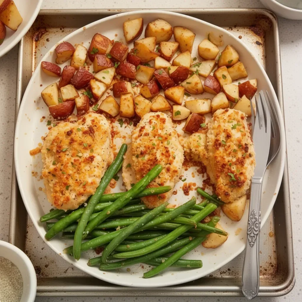 Baked Parmesan Crusted Chicken on a sheet pan with vegetables