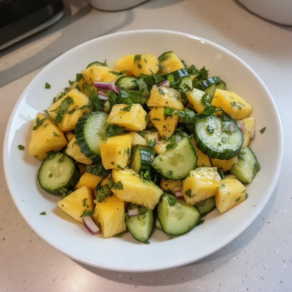 Bowl of vibrant pineapple cucumber salad with fresh ingredients