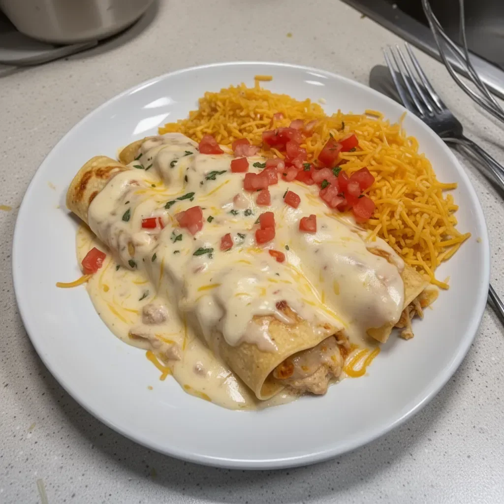 Cheesy queso chicken enchiladas served on a plate with toppings.
