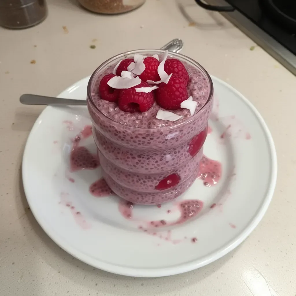 Delicious Raspberry Chia Pudding topped with fresh raspberries and mint.