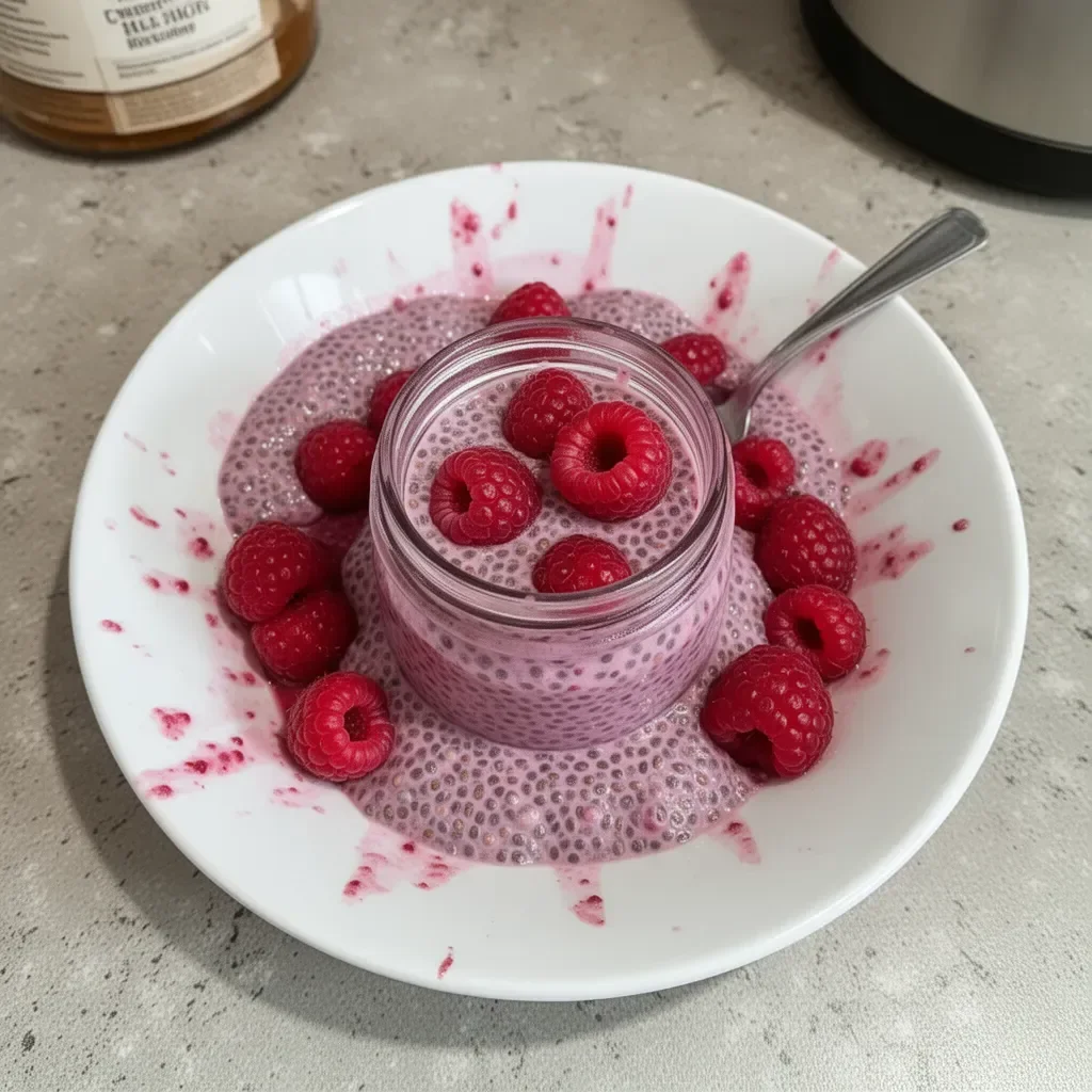 Raspberry Chia Pudding topped with maple syrup in a glass bowl