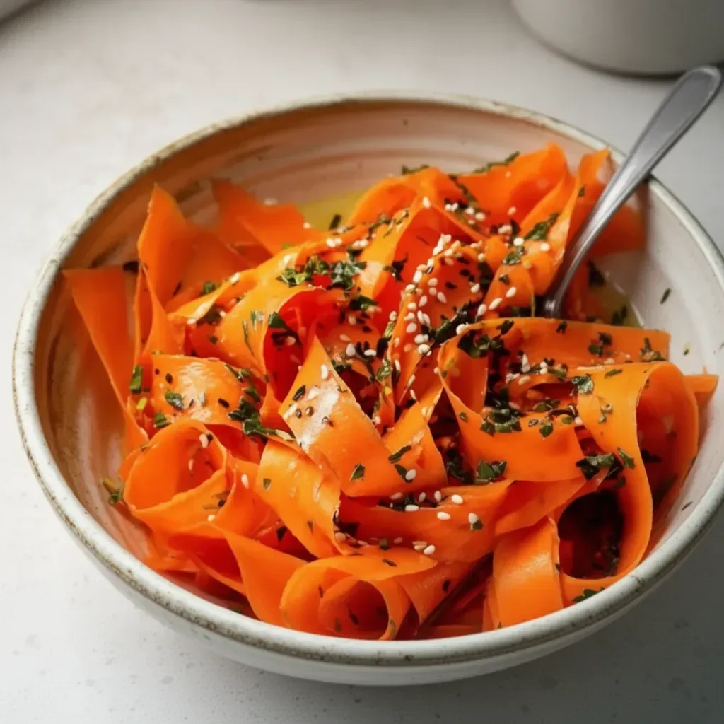 Bowl of raw carrot salad with fresh herbs and dressing