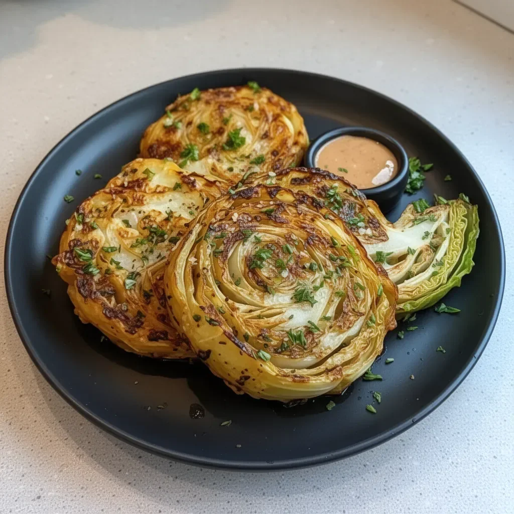 Delicious roasted cabbage steaks served with seasoning on a plate