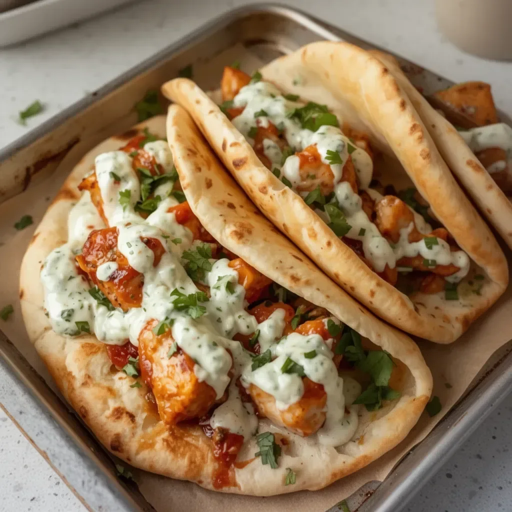 Sheet pan chicken pitas topped with herby ranch dressing and fresh vegetables