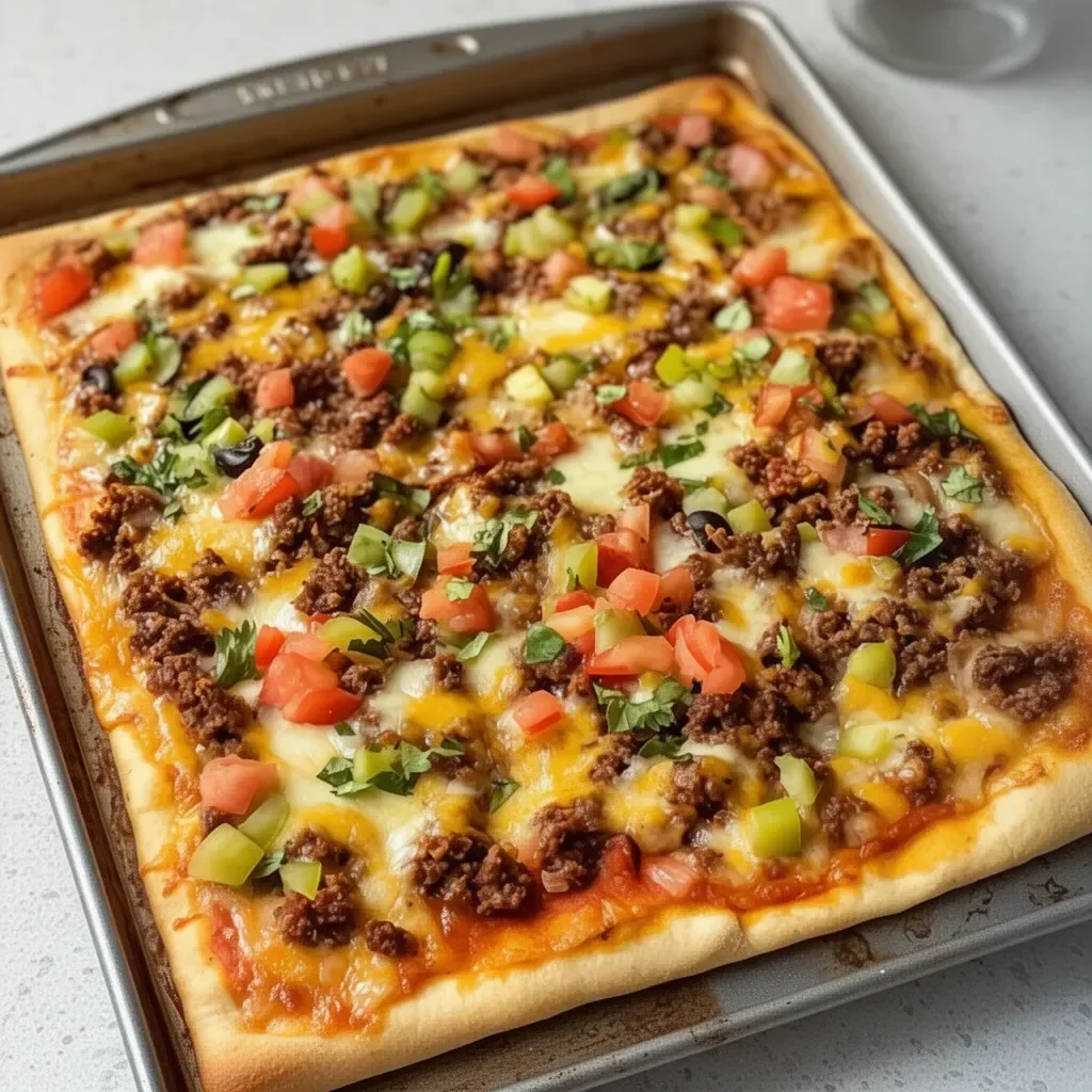 Delicious sheet pan taco pizza topped with fresh ingredients and cheese