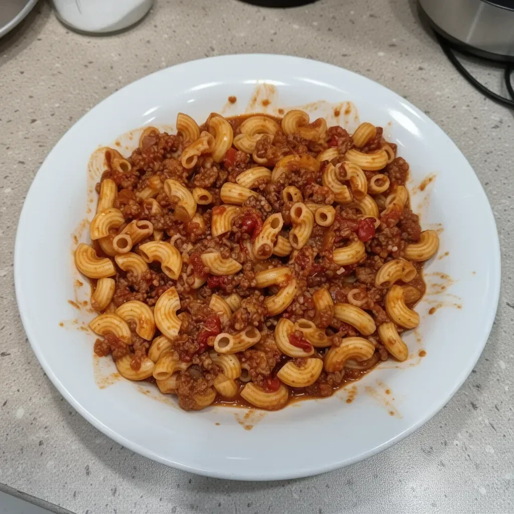 Bowl of simple Old Fashioned Goulash with pasta and ground beef