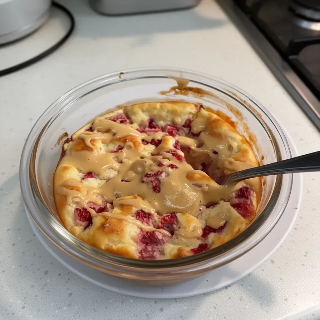 Delicious single serving fluffy baked protein pancake bowl topped with fruit