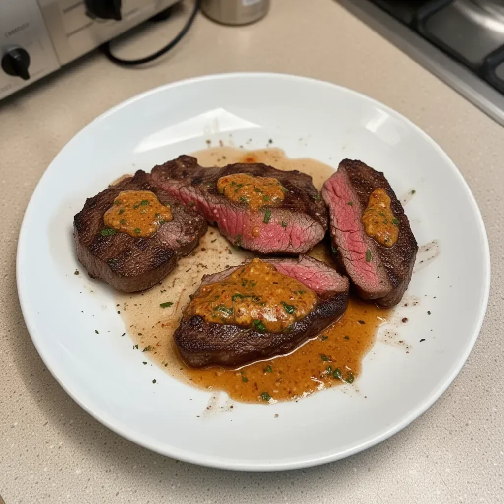Sizzling cowboy butter steak garnished with herbs and spices on a grill.