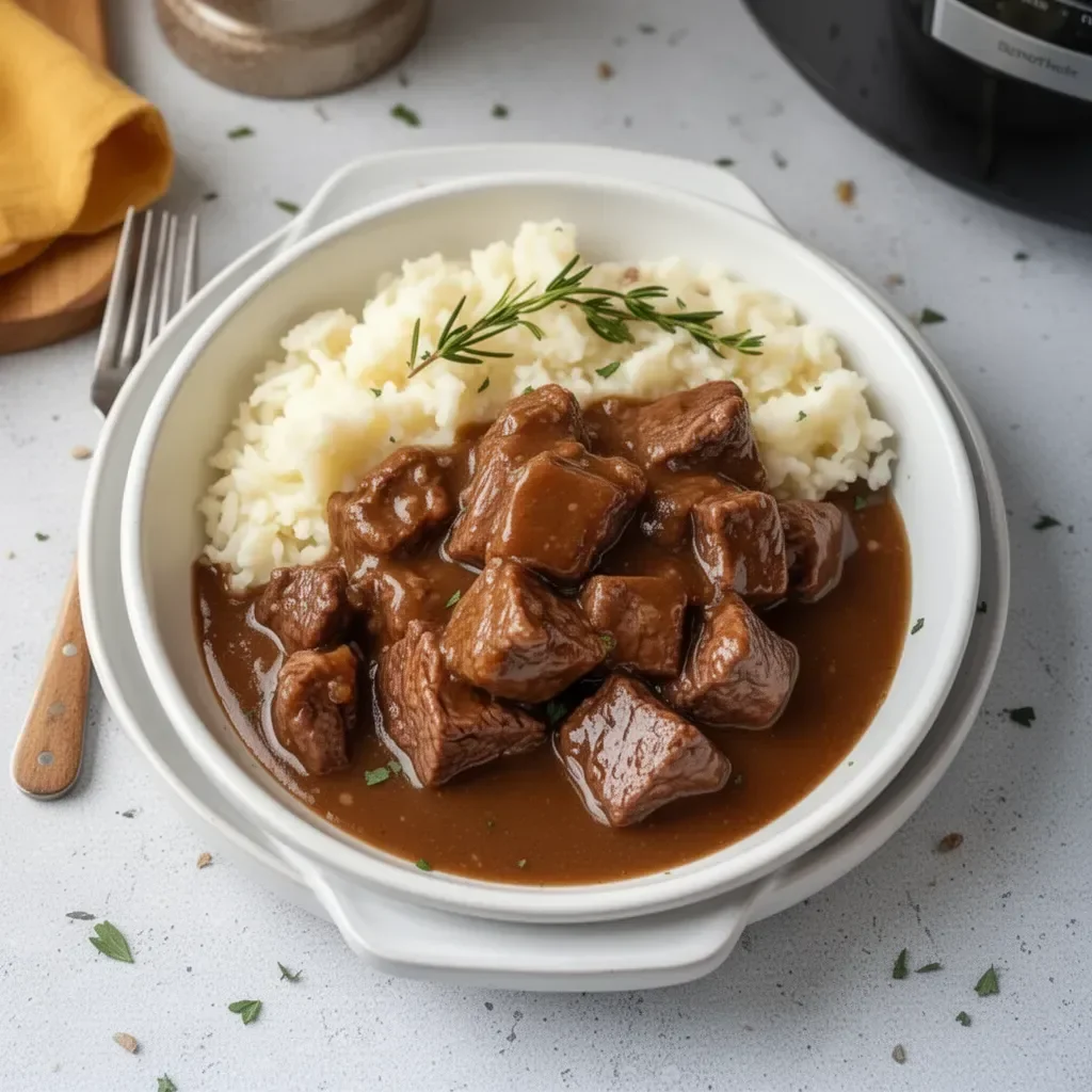 Slow-cooked beef tips with a rich gravy served in a bowl