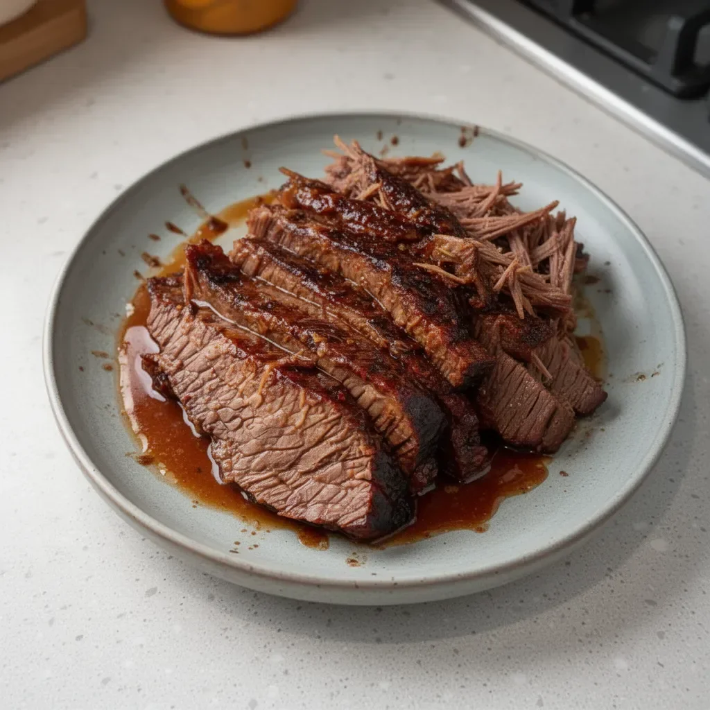 Tender slow cooker beef brisket served on a plate with sides