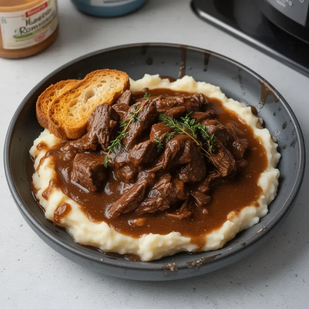 Delicious slow cooker Beef Manhattan served with mashed potatoes and vegetables